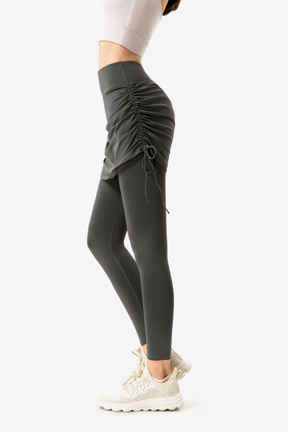 Ruched Drawstring Yoga Leggings with Faux Layer