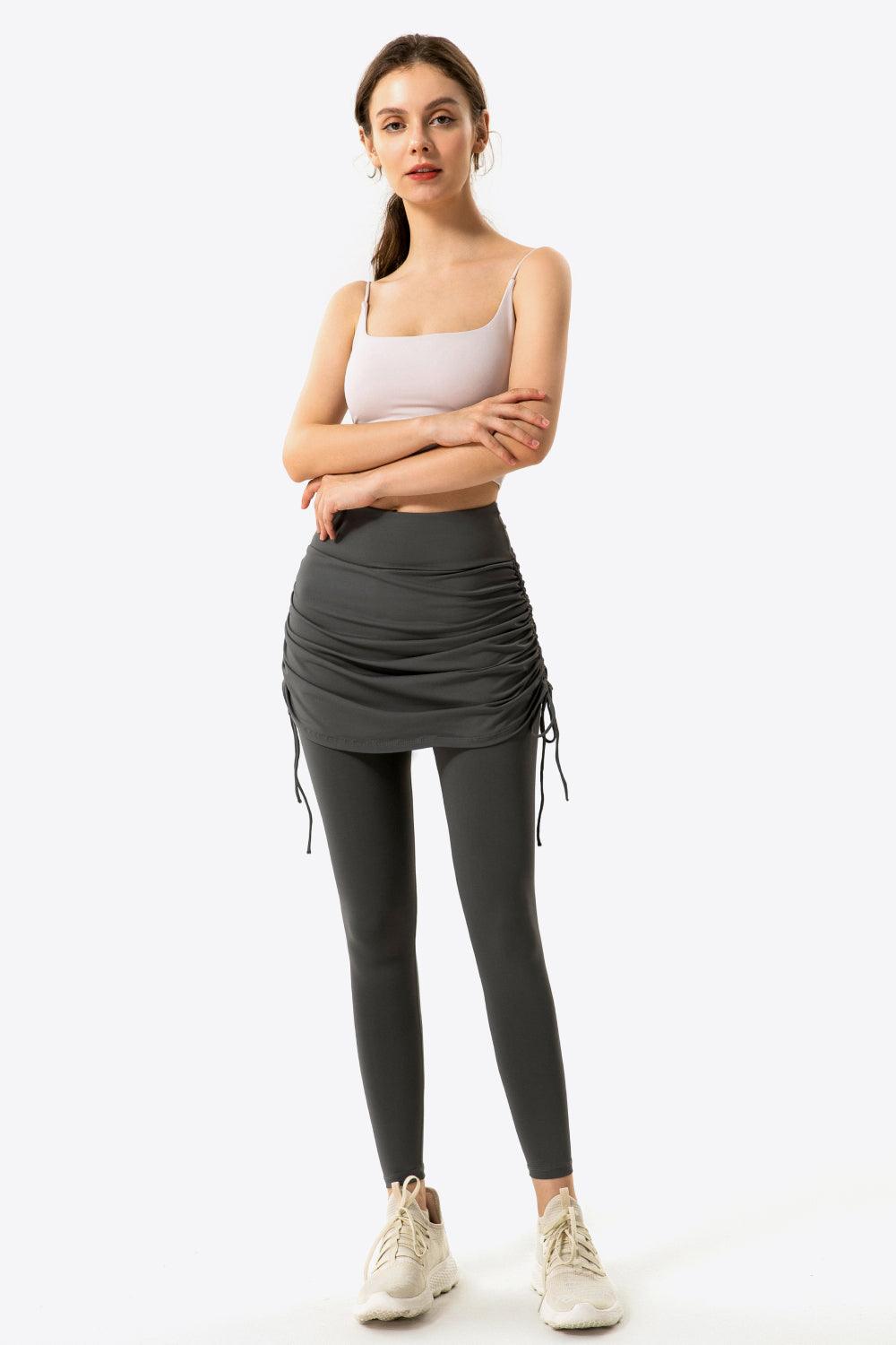 Ruched Drawstring Yoga Leggings with Faux Layer