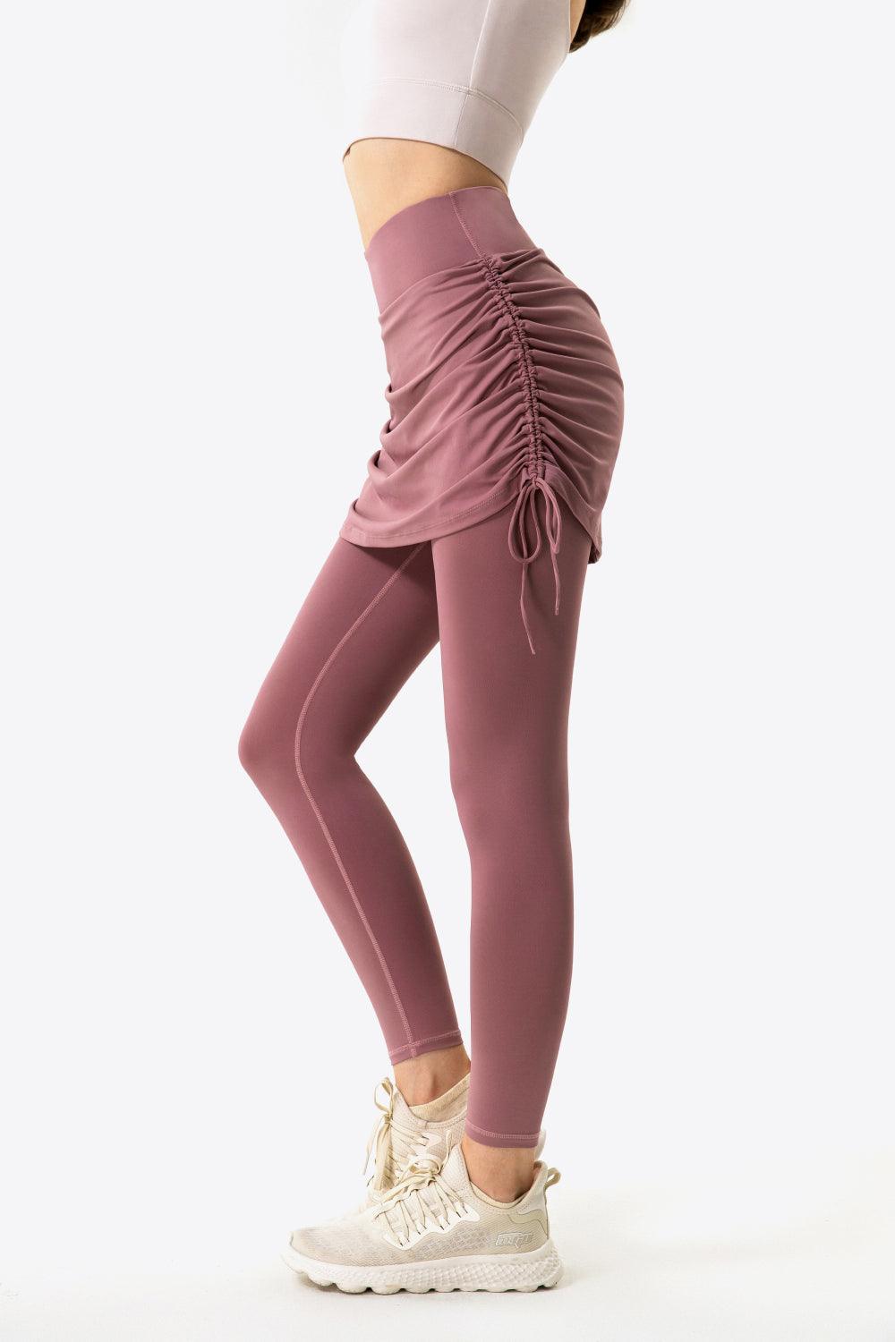 Ruched Drawstring Yoga Leggings with Faux Layer