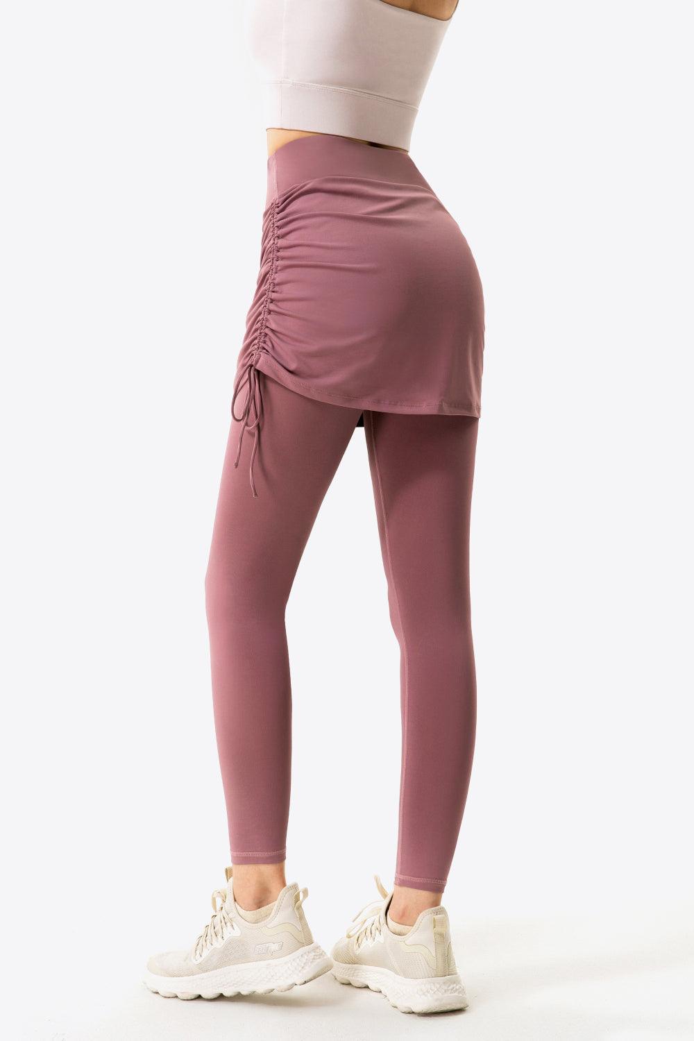 Ruched Drawstring Yoga Leggings with Faux Layer