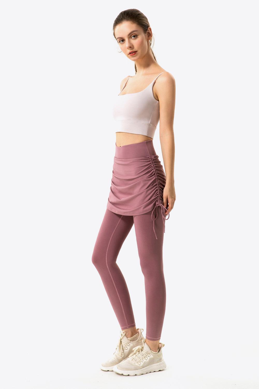 Ruched Drawstring Yoga Leggings with Faux Layer