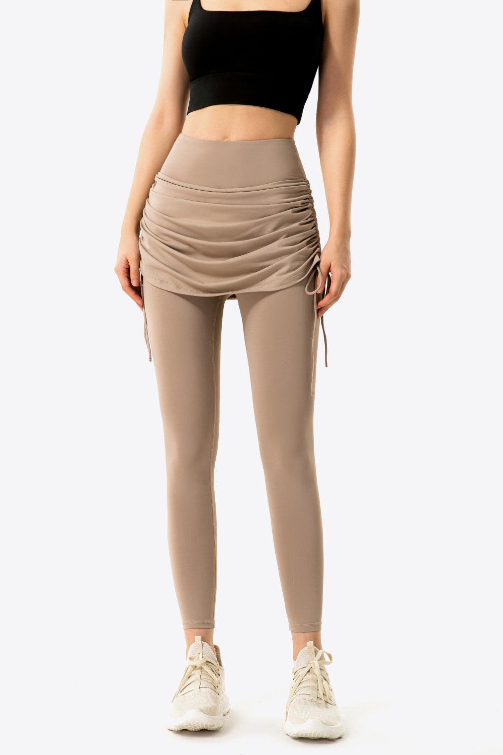 Ruched Drawstring Yoga Leggings with Faux Layer