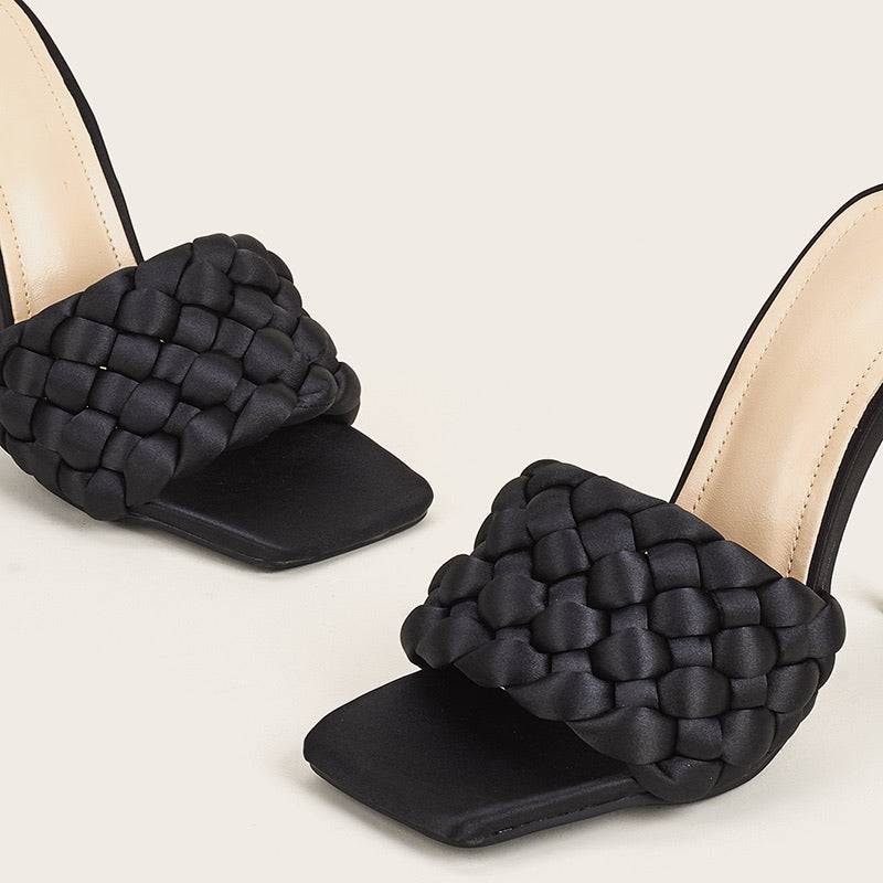 Satin Braided Square Toe Heeled Sandals