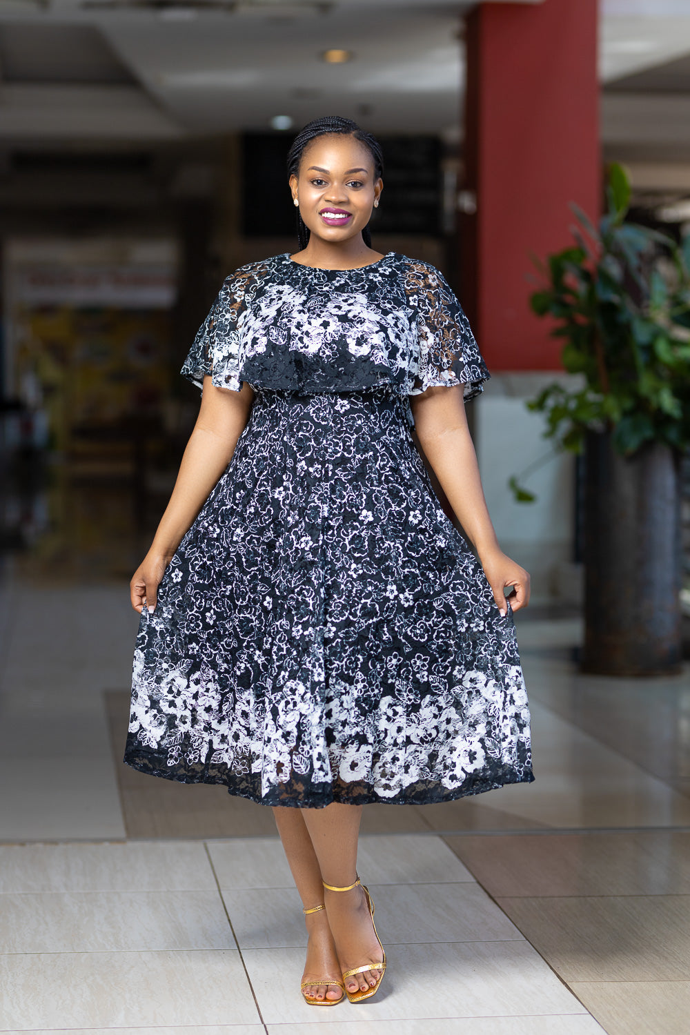 SEO Result: Elegant black floral dress with an ivory touch