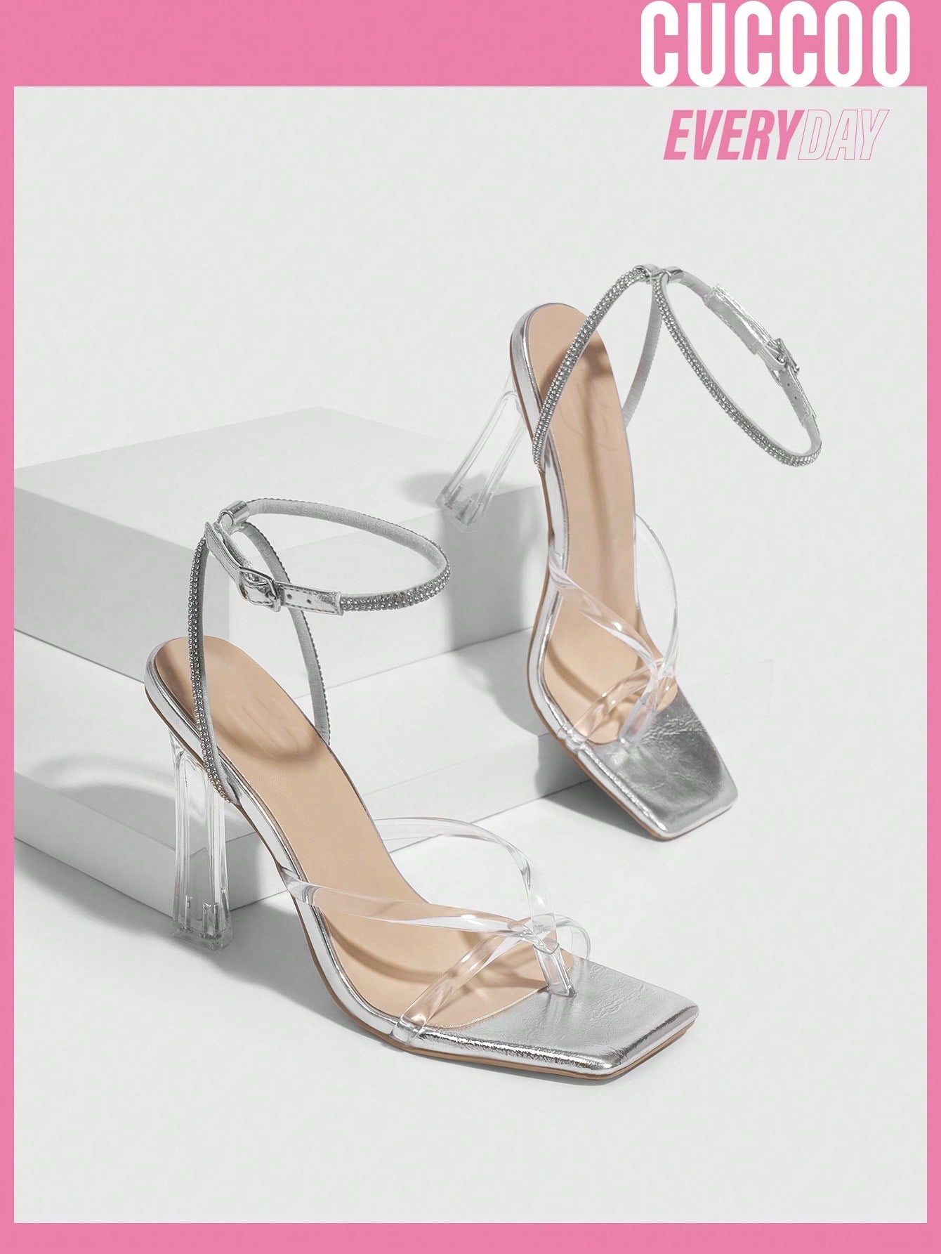 Silver Fashionable Transparent Strap High Heel Sandals for Women, Versatile Style for Spring and Summer.