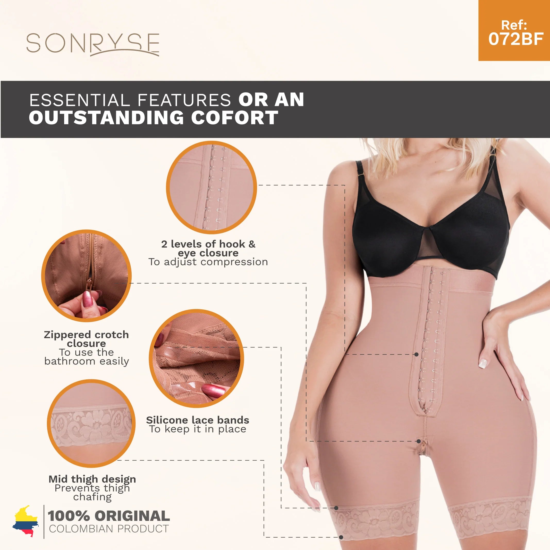 Sonryse 072BF | Colombian Shapewear Shorts | Tummy Control | Butt Lifting | Daily Use | Powernet