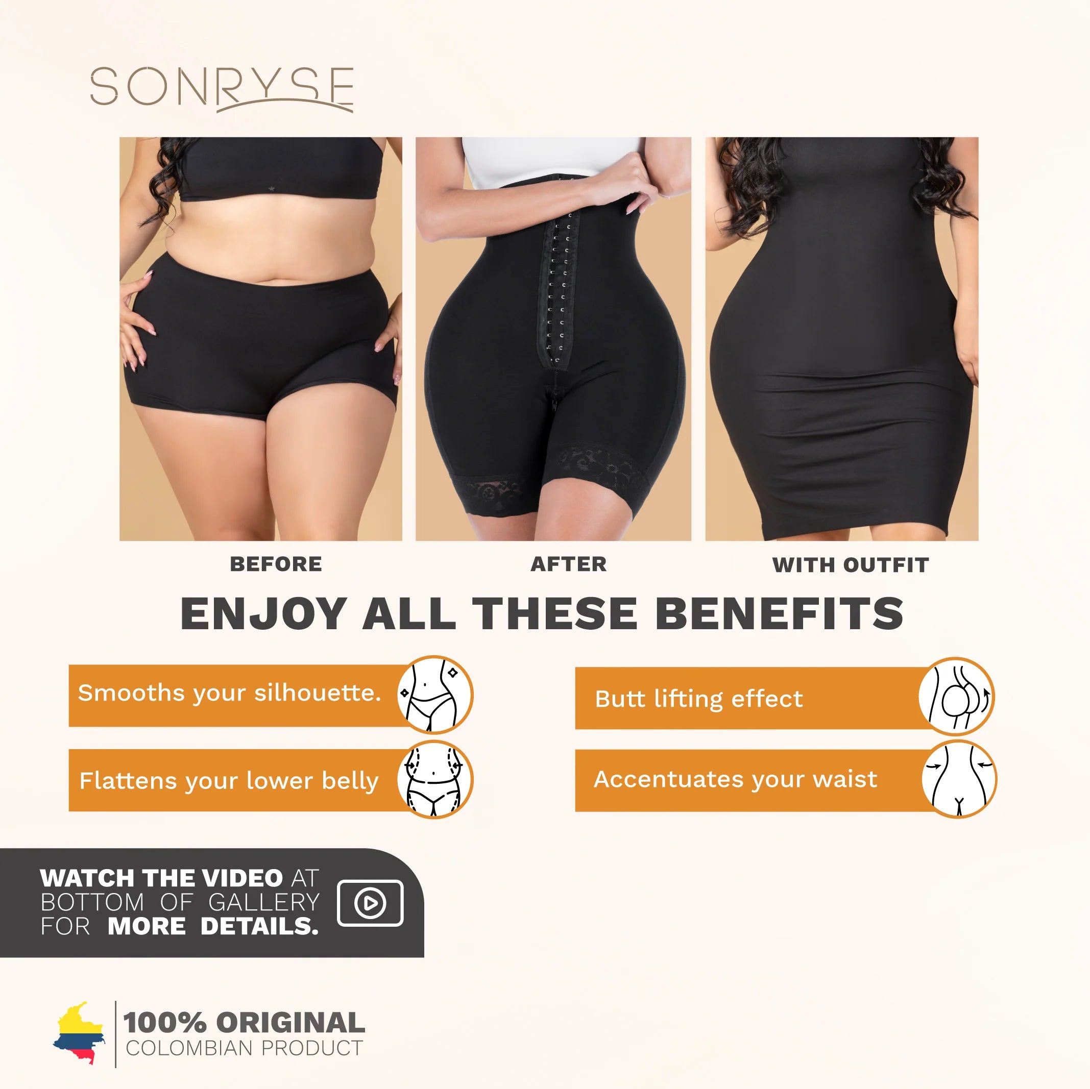 Sonryse 072BF | Colombian Shapewear Shorts | Tummy Control | Butt Lifting | Daily Use | Powernet