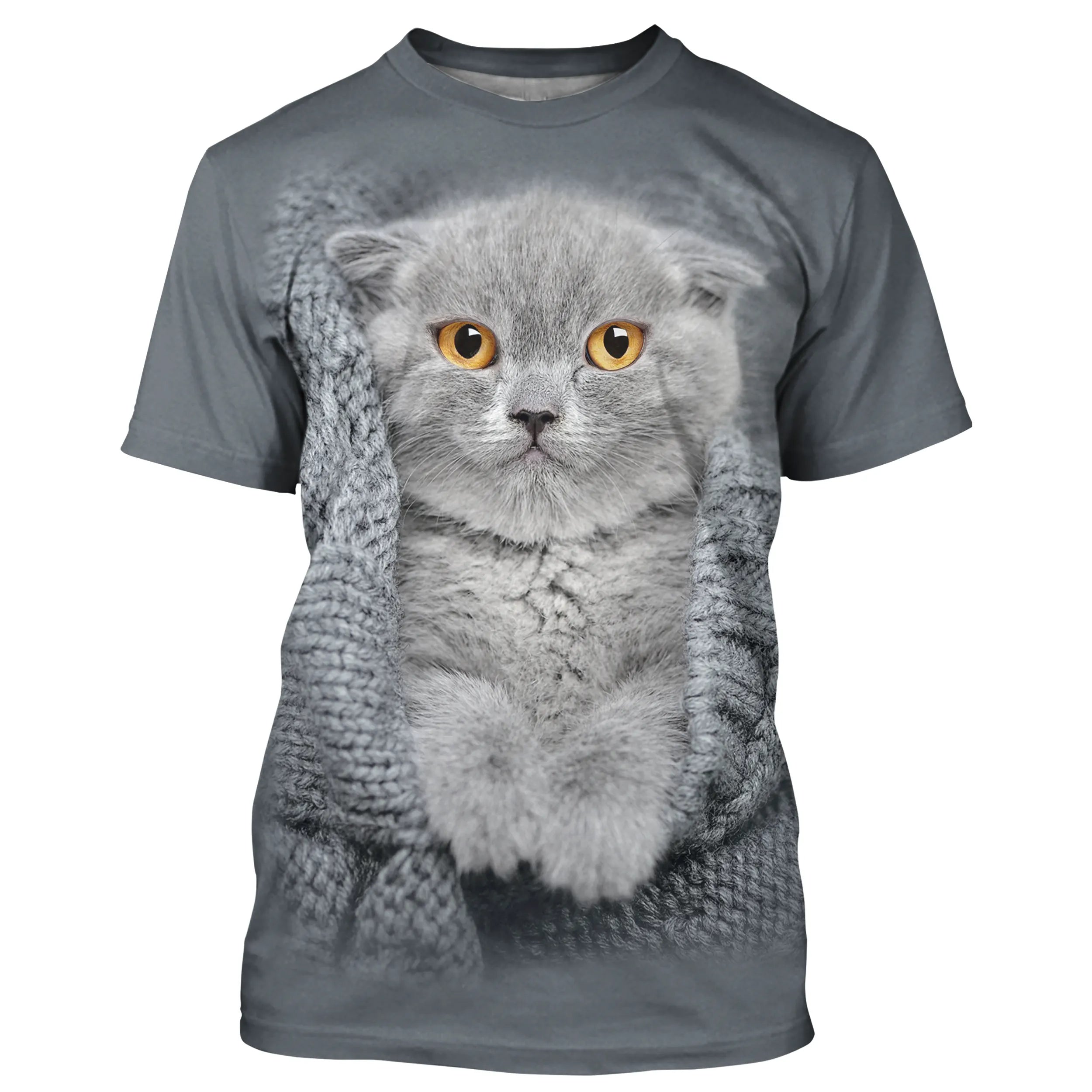 T-shirt homme femme gris avec impression 3D de chat mignon pour une tenue quotidienne élégante - Réf. CT16012319