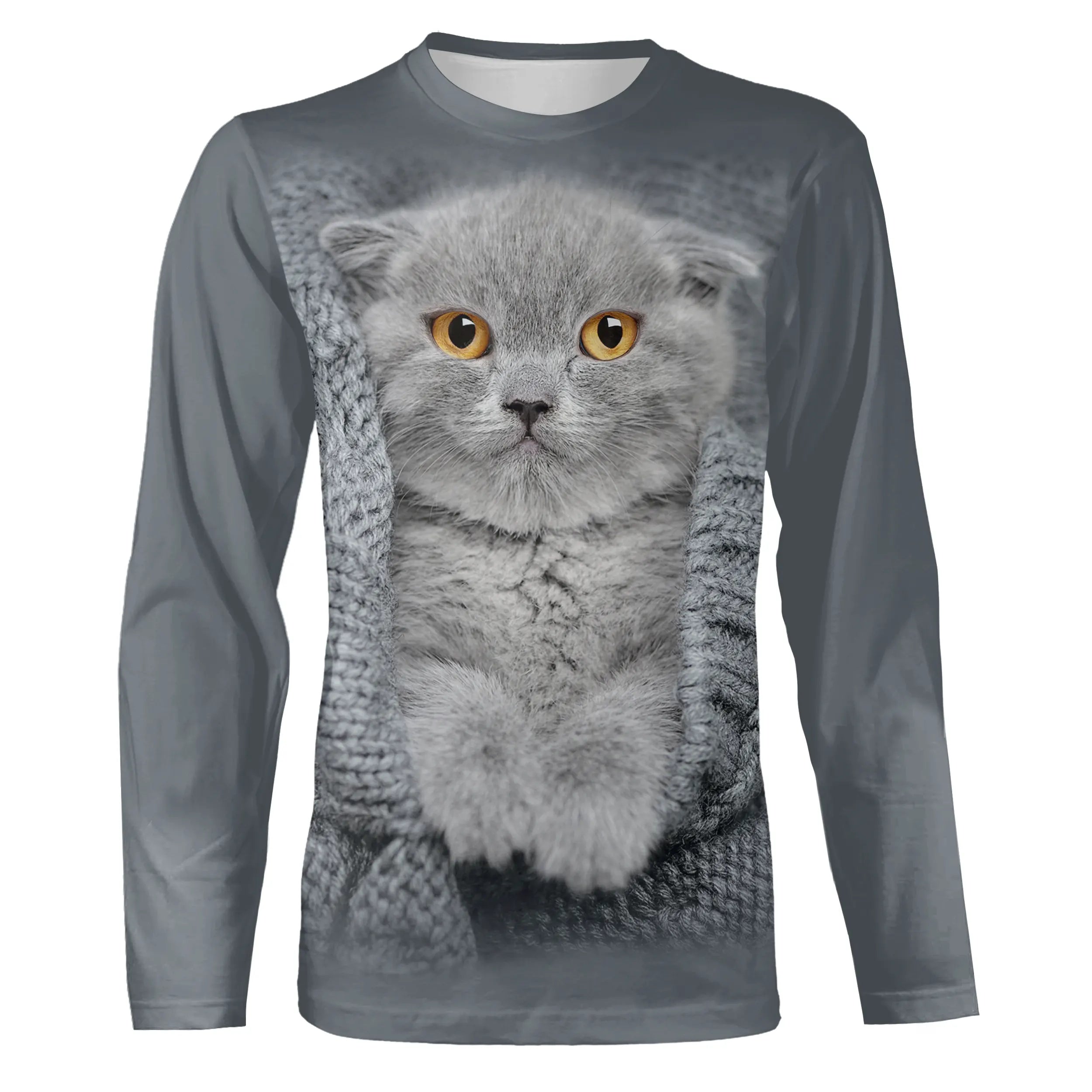 T-shirt homme femme gris avec impression 3D de chat mignon pour une tenue quotidienne élégante - Réf. CT16012319