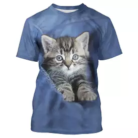 T-shirt Unisexe Bleu Imprimé 3D Chat Mignon, Idéal pour Tous les jours et Week-ends - CT16012318