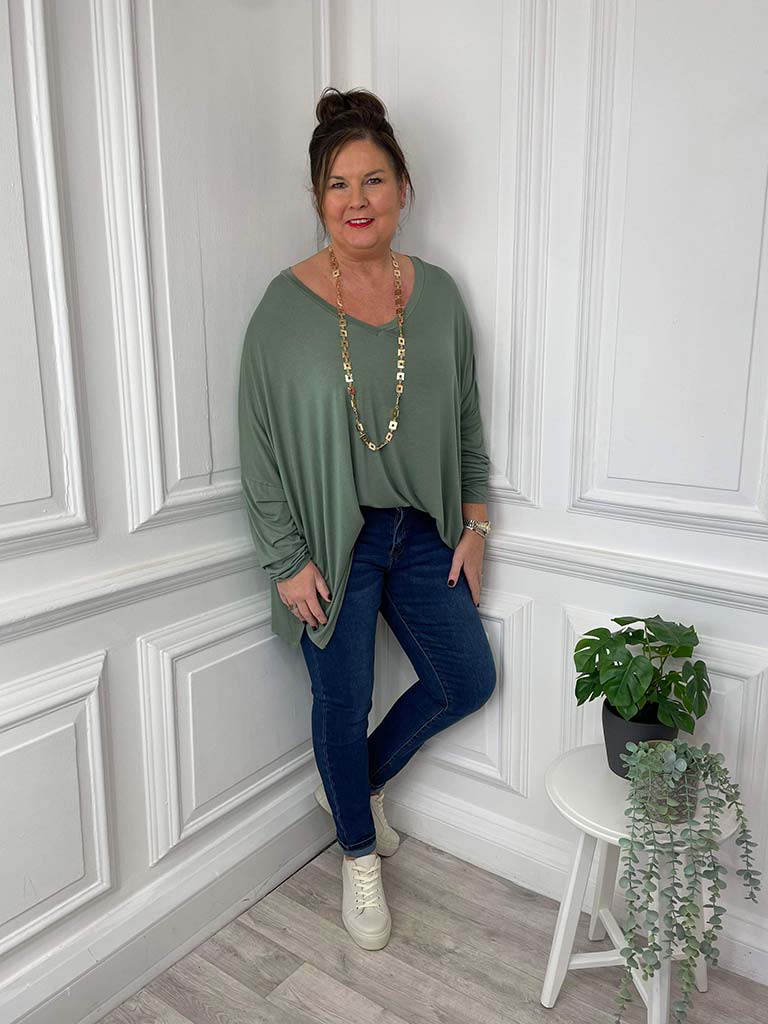 V-Neck Khaki Jersey Top