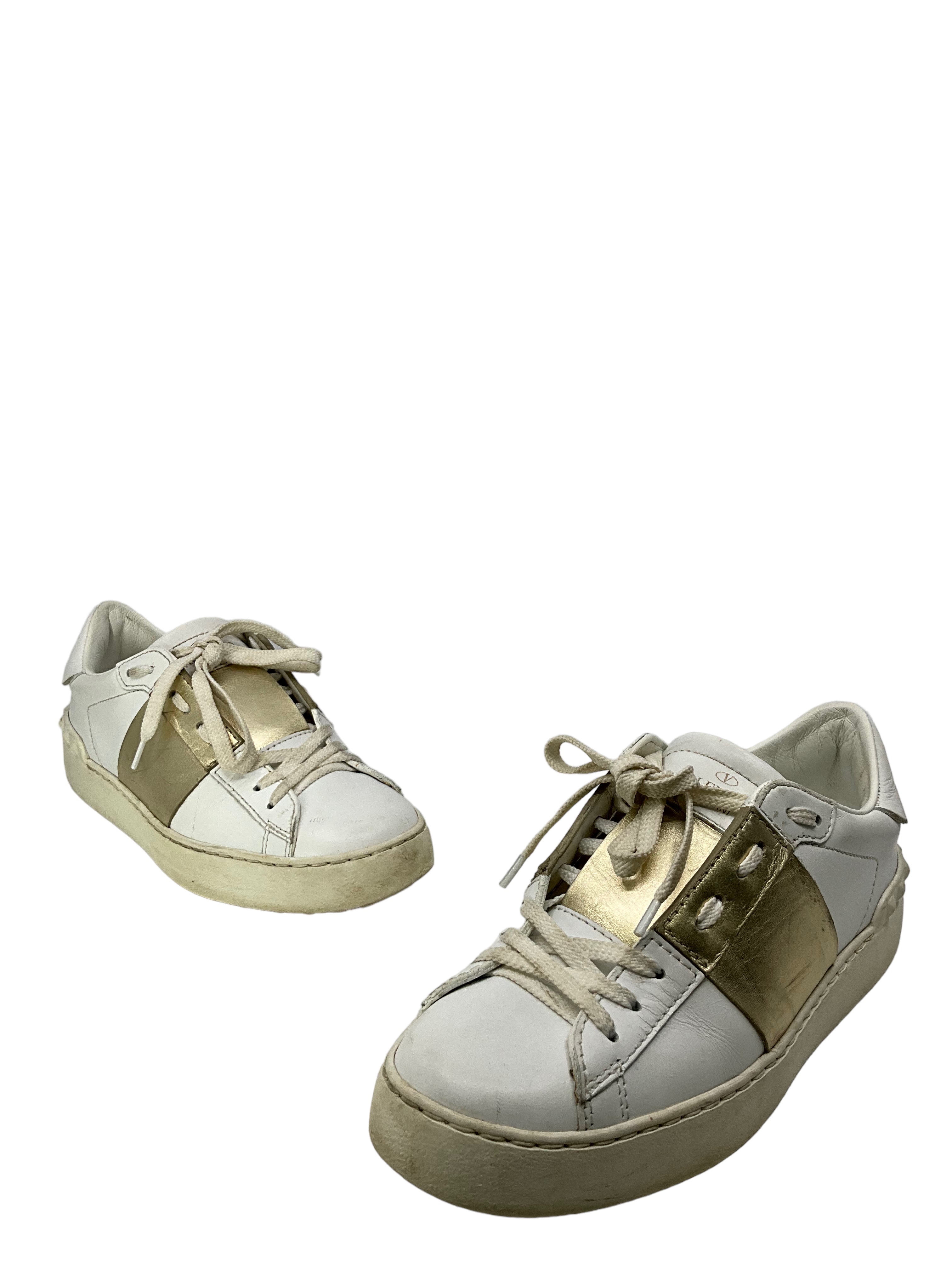 Valentino Rockstud White Gold Leather Sneakers Size 6.5