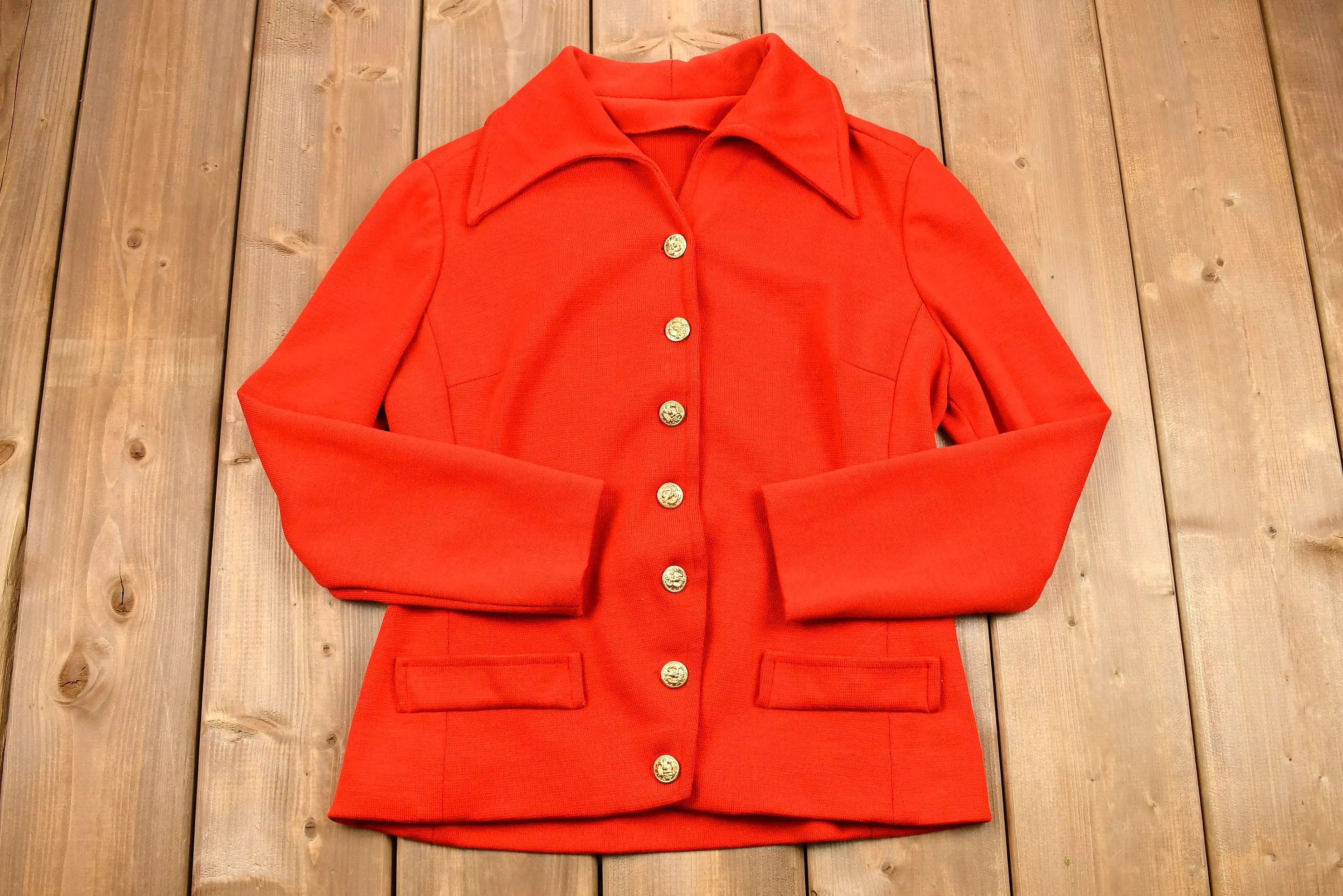 Vintage 1960s Candy Apple Red Overcoat Blouse Women's Retro Dagger Collar