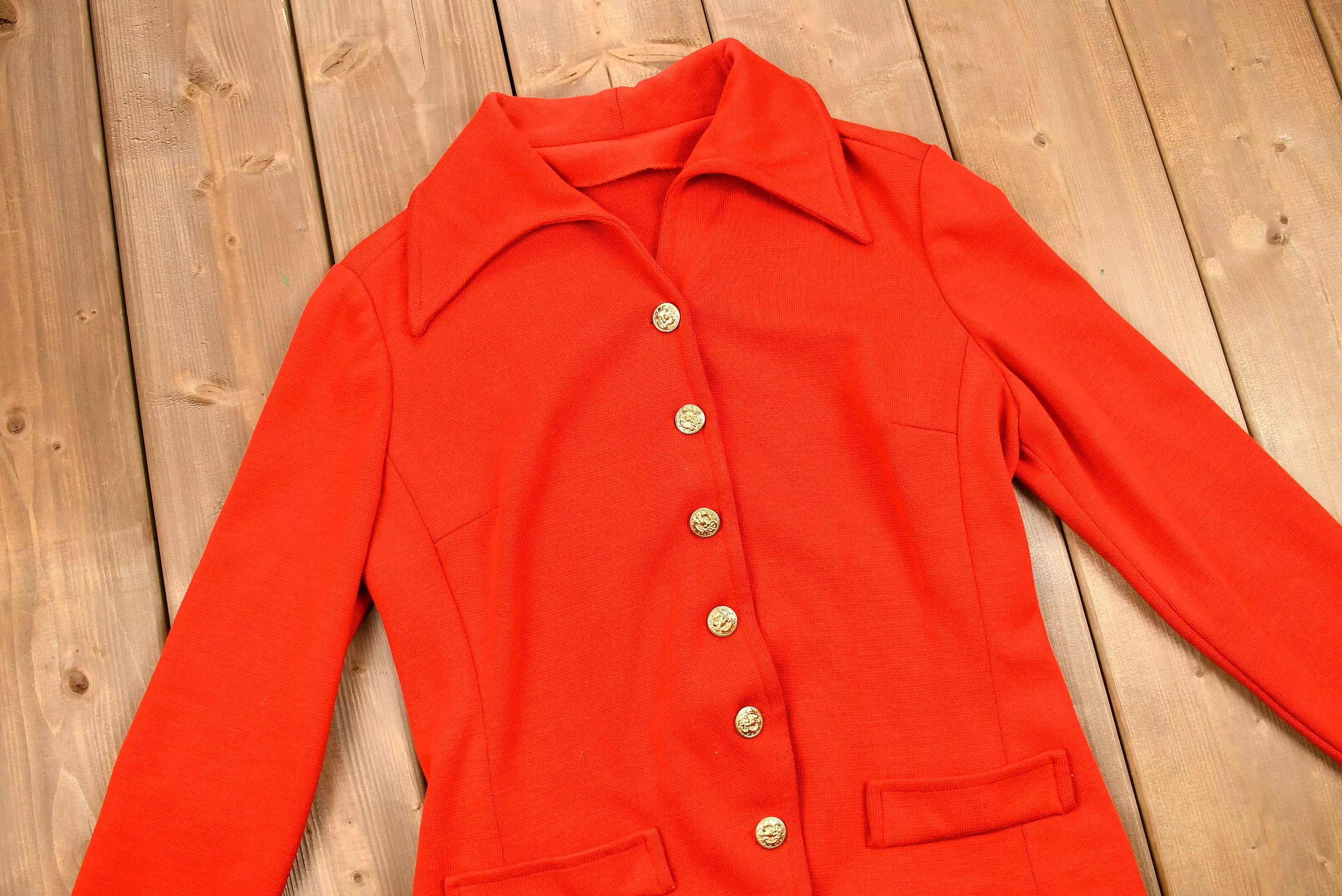 Vintage 1960s Candy Apple Red Overcoat Blouse Women's Retro Dagger Collar