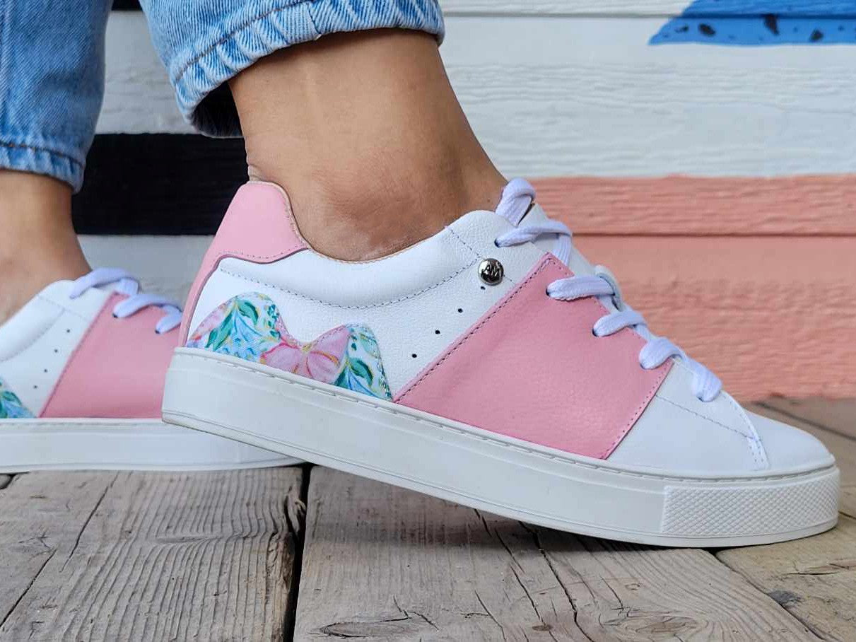 White leather sneakers pink leather print canvas flowers