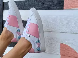 White leather sneakers pink leather print canvas flowers