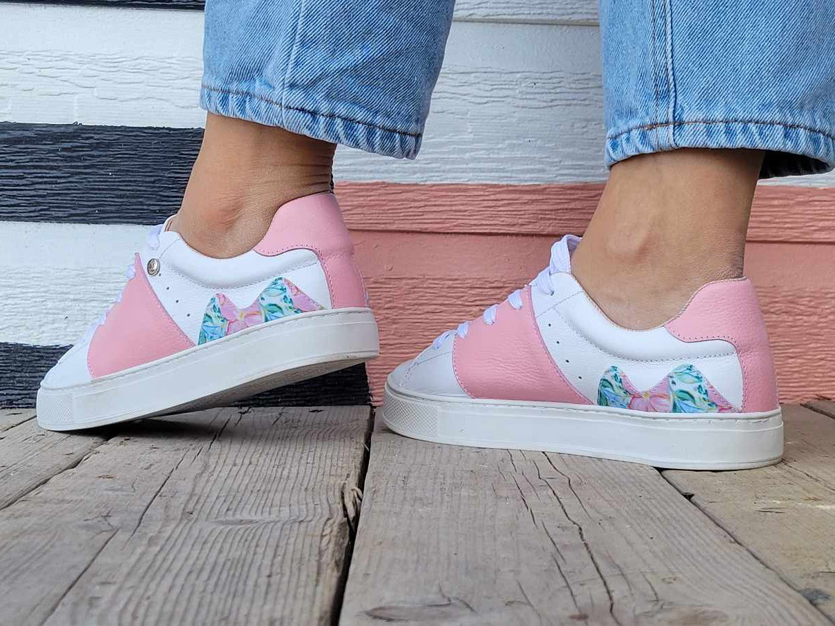 White leather sneakers pink leather print canvas flowers