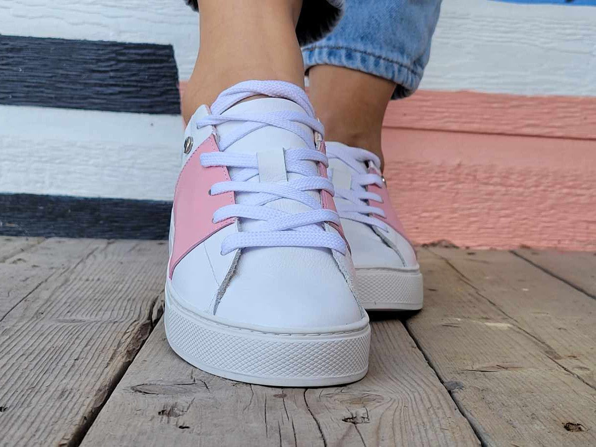 White leather sneakers pink leather print canvas flowers