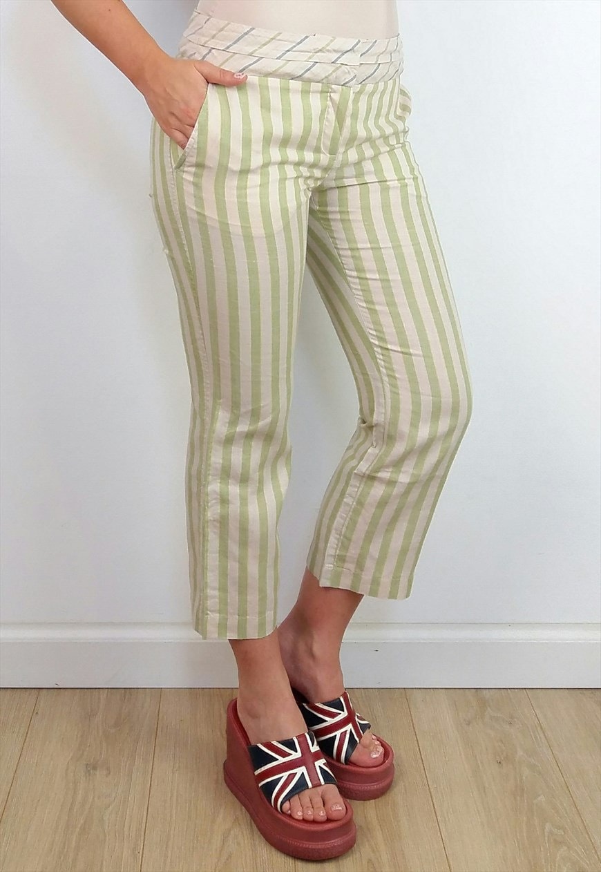 Y2K MANGO Striped Flared Linen Capris - XS