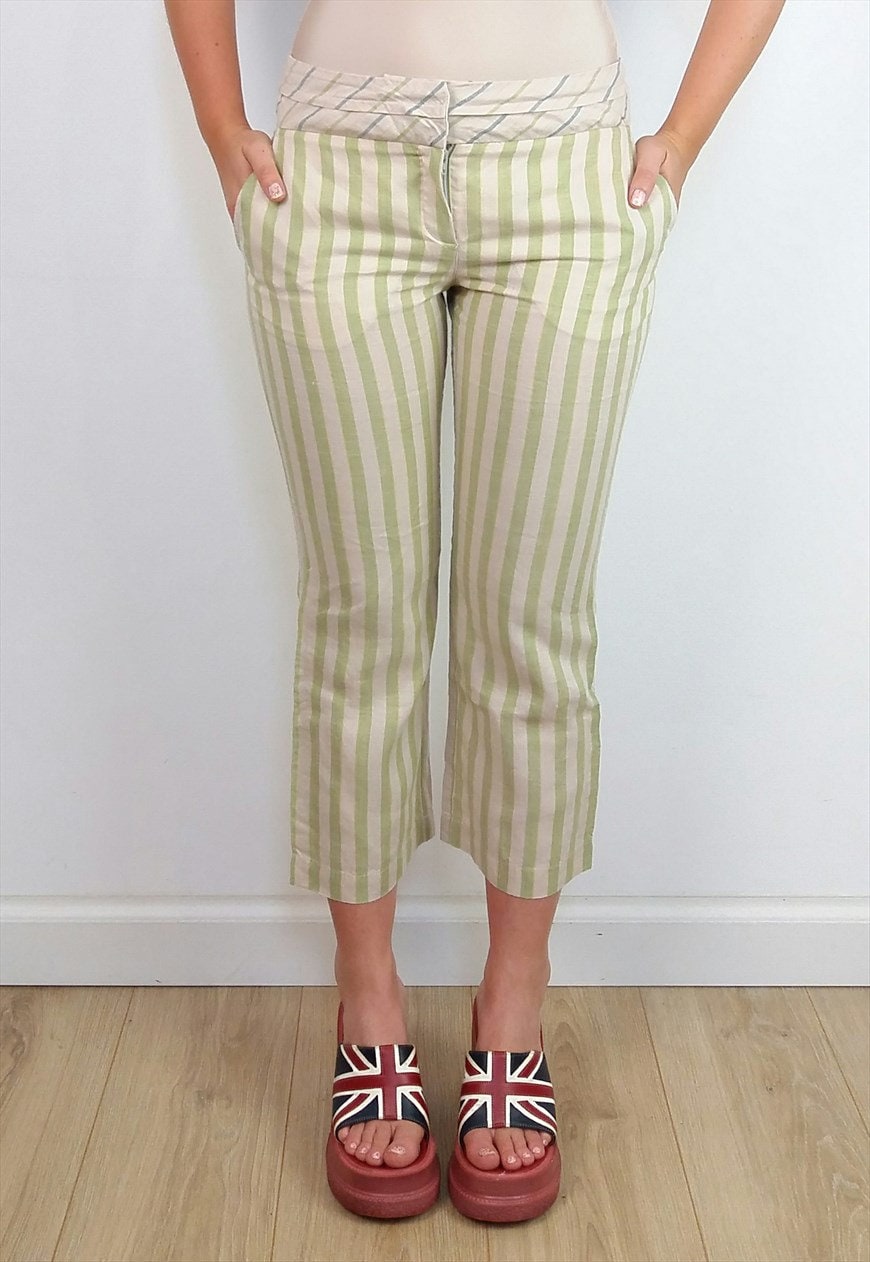 Y2K MANGO Striped Flared Linen Capris - XS