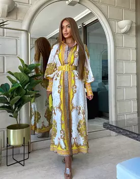 Yellow Print Maxi Shirt Dress