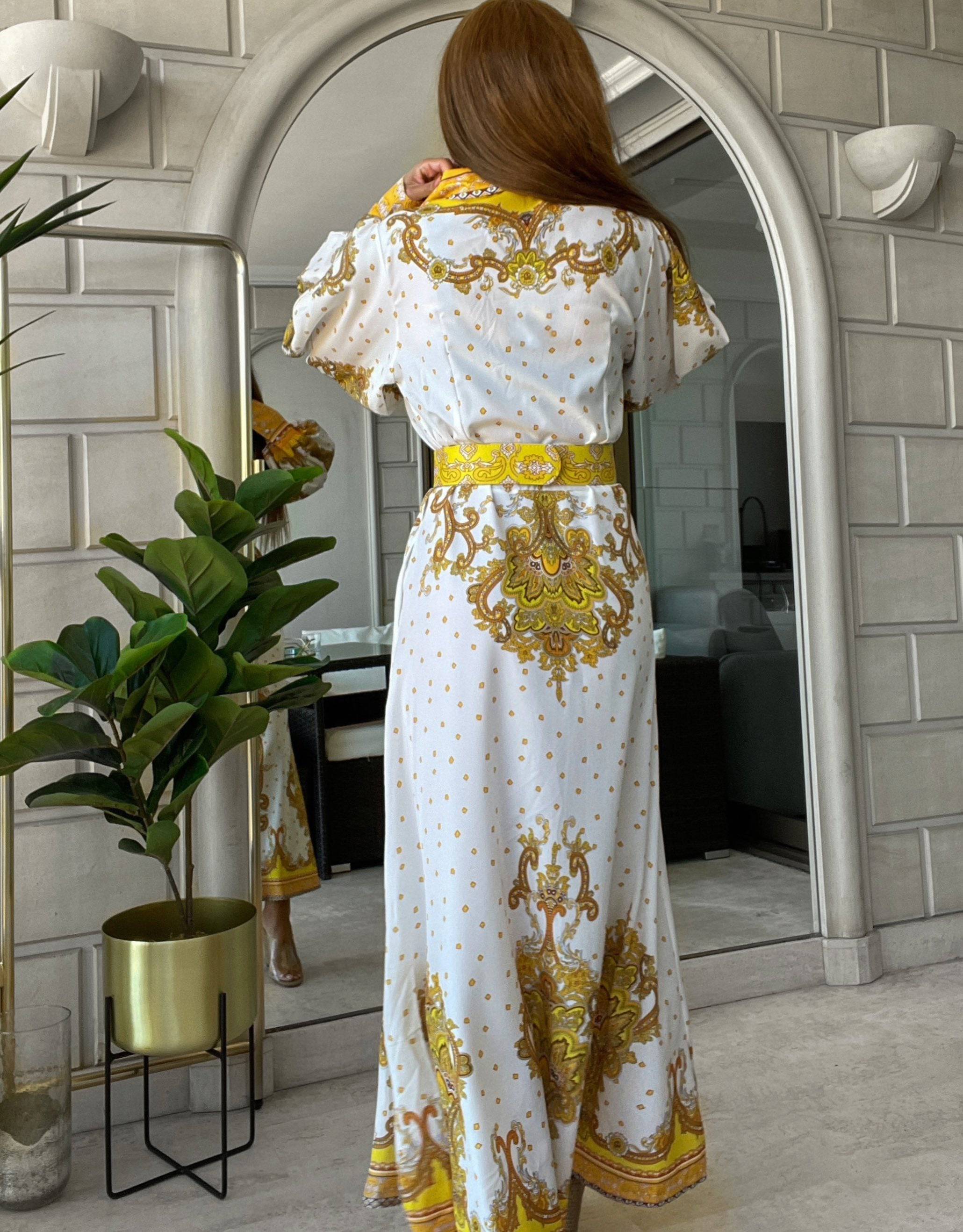 Yellow Print Maxi Shirt Dress