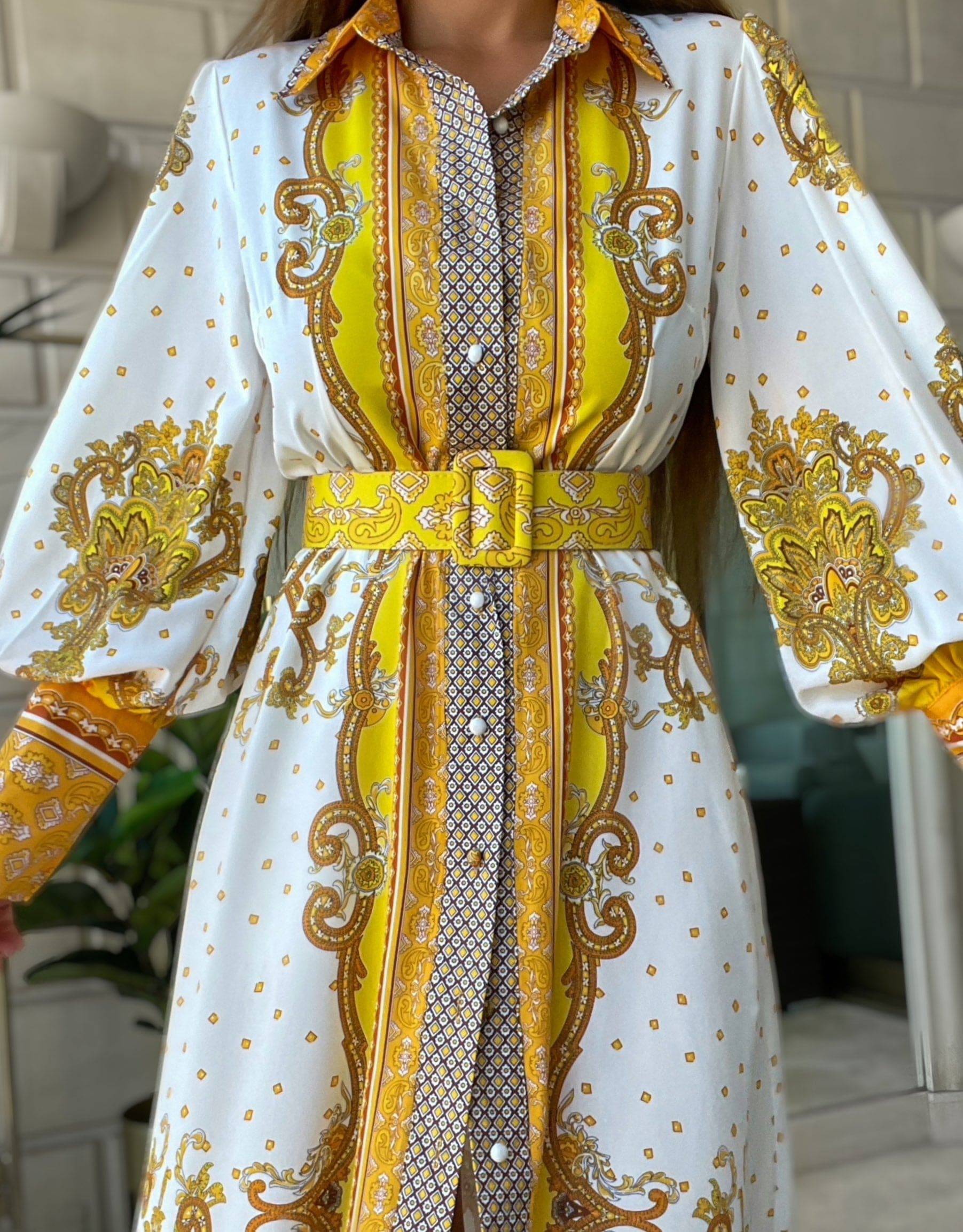 Yellow Print Maxi Shirt Dress