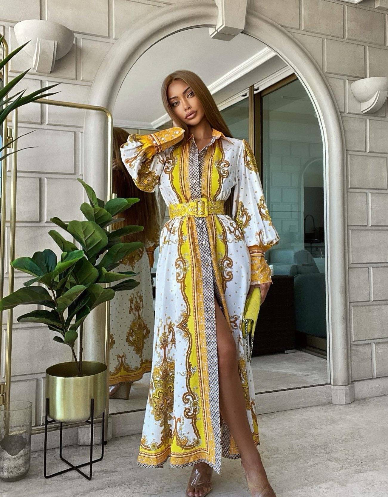 Yellow Print Maxi Shirt Dress